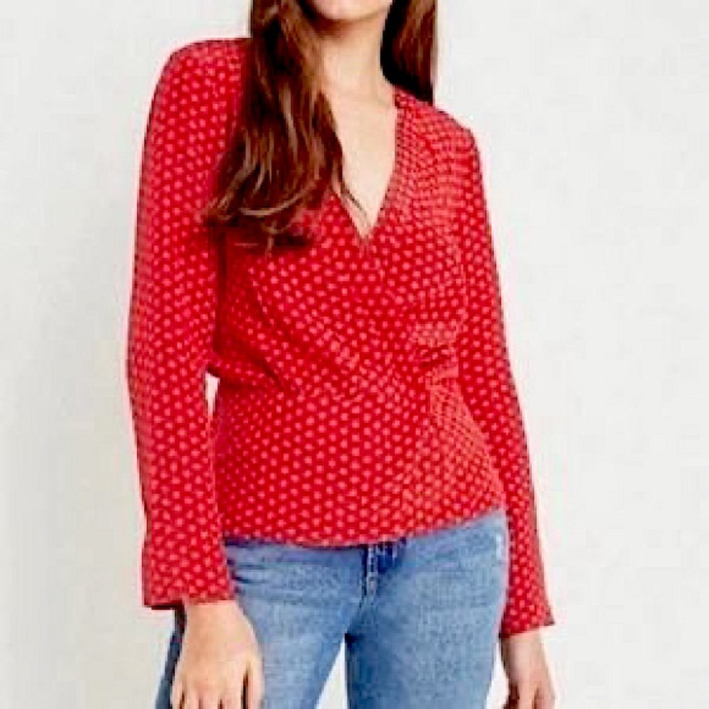 🆕 Urban Outfitters Cooperative Red V-neck Long Sleeve Wrap Dressy Flower Blouse